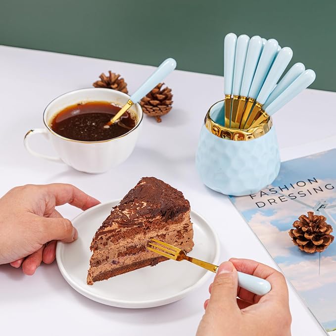 Dessert Fork Set,Ceramic Jar with 8 Small Forks for Fruit,Salad,Appetizer,Cake,Flatware Set (Light Blue jar+8 forks)