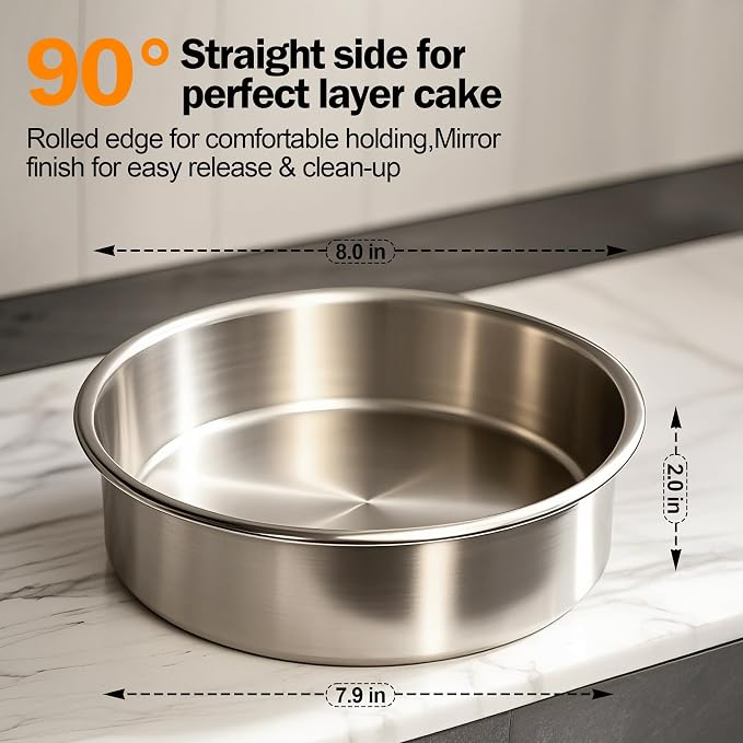 8 Inch Cake Pan Set of 2, Food-Grade Stainless Steel Round Baking Pans | No Coating Cake Pan for Layer Cakes, Heavy Duty, One-Piece Design Warp-Resistant, Non-Toxic, Dishwasher Safe - Image 3