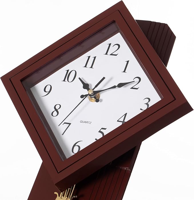 Clockswise Traditional Brown Square Wood- Looking Pendulum Plastic Wall Clock for Living Room, Kitchen, or Dining Room - Image 5