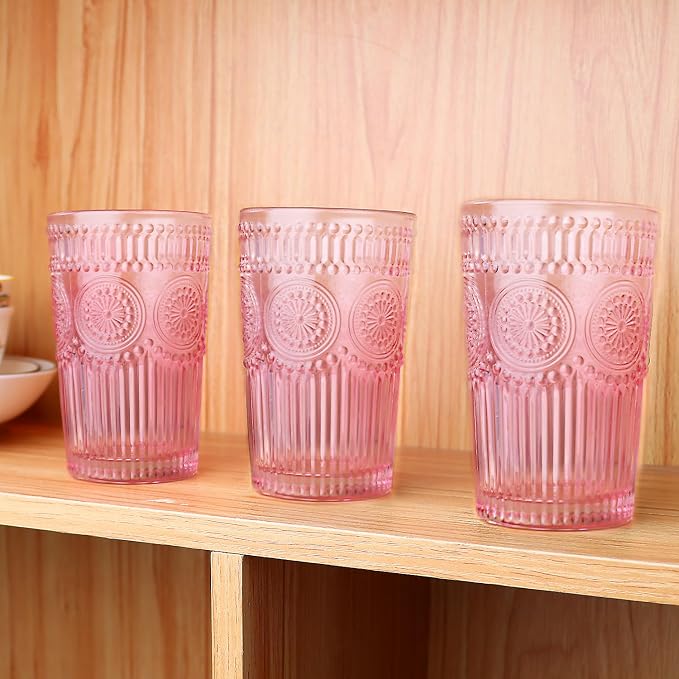 Loivttvv 6pcs Vintage Drinking Glasses Set, 12 oz Pink Highball Glasses, Embossed Ribbed Glassware Cups for Cocktail, Water, Juice, Coffee, Whiskey - Image 4