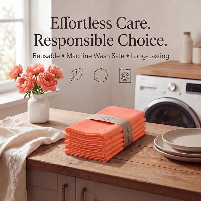 Urban Villa Hemstitch Cloth Dinner Napkins Cotton 20”x20” (Set of 12)- Orange - Image 7