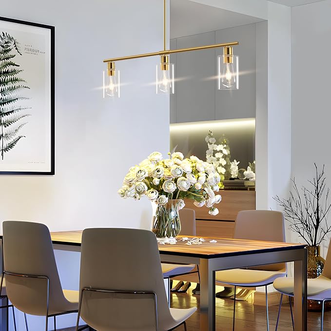 Kitchen Island Lighting, Linear Chandeliers Rectangle Pendant Light Fixtures for Dining Room Farmhouse Hanging Light with Glass Shades (Gold, 3 Lights) - Image 2