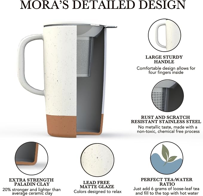 Mora Ceramics Large Tea Mug with Loose Leaf Infuser and Ceramic Lid, 18 oz, Portable, Microwave and Dishwasher Safe, Tall Coffee Cup - Rustic Matte Ceramic Glaze, Modern Herbal Tea Strainer, Cotton - Image 2