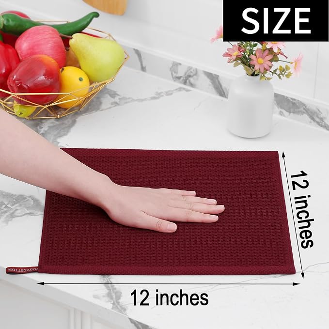 Homaxy 100% Cotton Waffle Weave Kitchen Dish Cloths 12-Pack, Burgundy | 12 x 12 Inches, Ultra Soft Absorbent Dish Towels, Quick Drying Dish Rags with Hanging Loop - Image 5