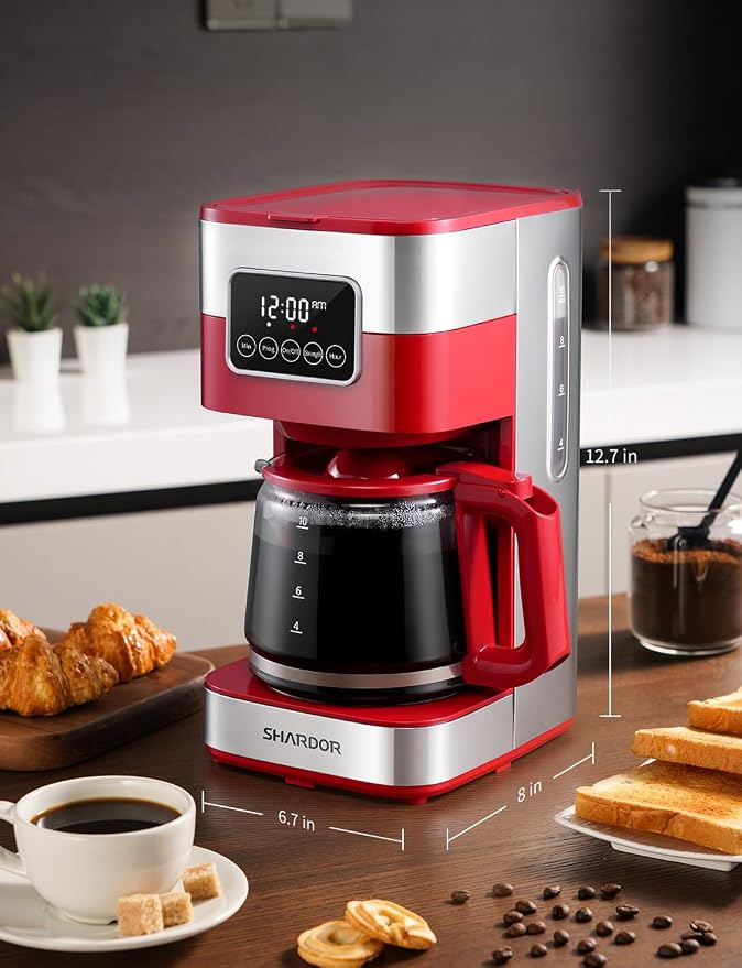 SHARDOR 10-Cup Programmable Coffee Maker, Regular & Strong Brew Drip Coffee Machine for Home and Office, Auto Shut Off, Permanent Filter (red) - Image 7