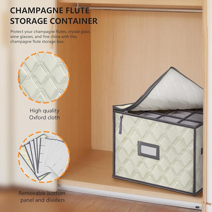 Champagne Flute Storage Box,Quilted Stemware Storage Box Shell, Stackable Champagne Glass Container,Wine Glass, Crystal Glassware, Drinkware Case for Moving Transport - Image 5