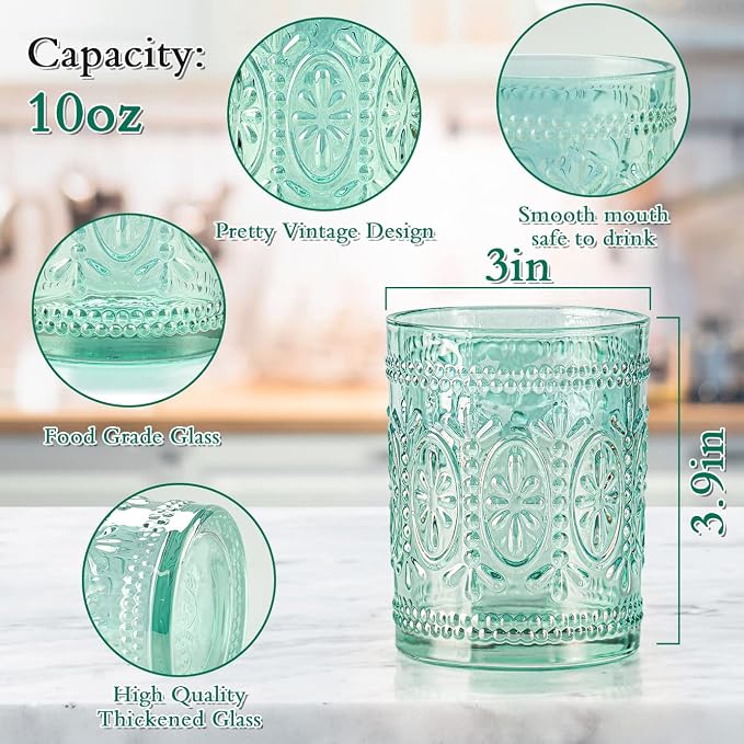 abrwyy Glassware set of 4, Vintage Drinking Glasses, 10oz Heavy Duty Glass Cups, Colored Glassware Set, Embossed Glasses Set for Party Wedding Home Office Glassesware Gift - Image 2