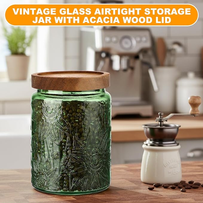 LemonRoad 2 Pcs Vintage Glass Storage Jars 23.67 oz Candy Jar Canister with Solid Wood Lids Food Storage Container for Kitchen, Ground Coffee, Tea, Sugar, Decorative Mason Cookie Jars (Green) - Image 4