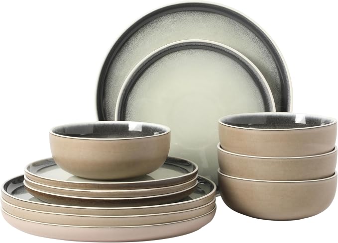 Gibson Elite Island Bay 12-Piece New Bone China Dinnerware Set Service for 4, Reactive Glaze Plates and Bowls, Dishwasher and Microwave Safe, Black and Cream by GibsonHomewares