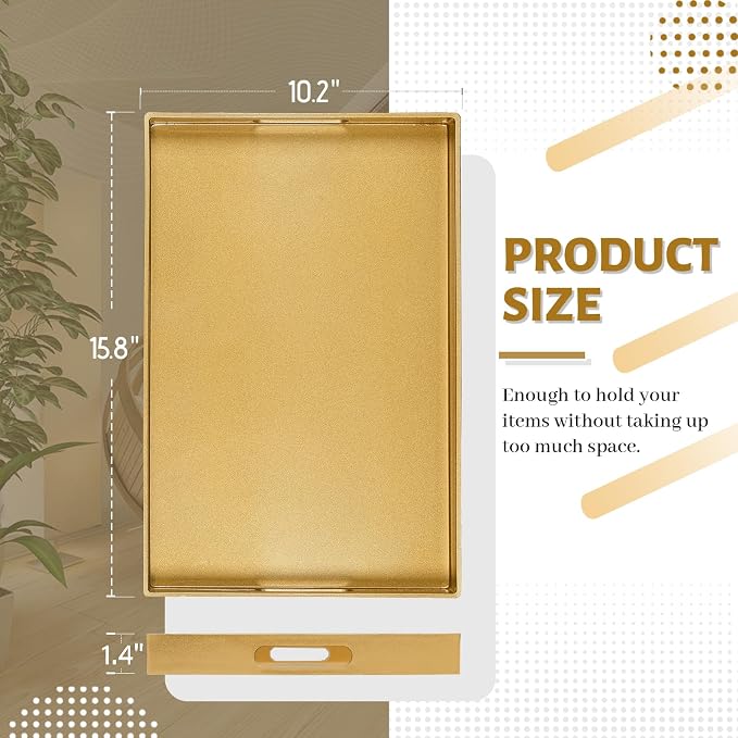 MAONAME Gold Decorative Tray for Coffee Table, Serving Tray with Handles | Plastic Melamine Tray, Modern Ottoman Tray, Rectangular Countertop Organizer Tray for Living Room, 15.8"L x 10.2"W x 1.4"H - Image 2