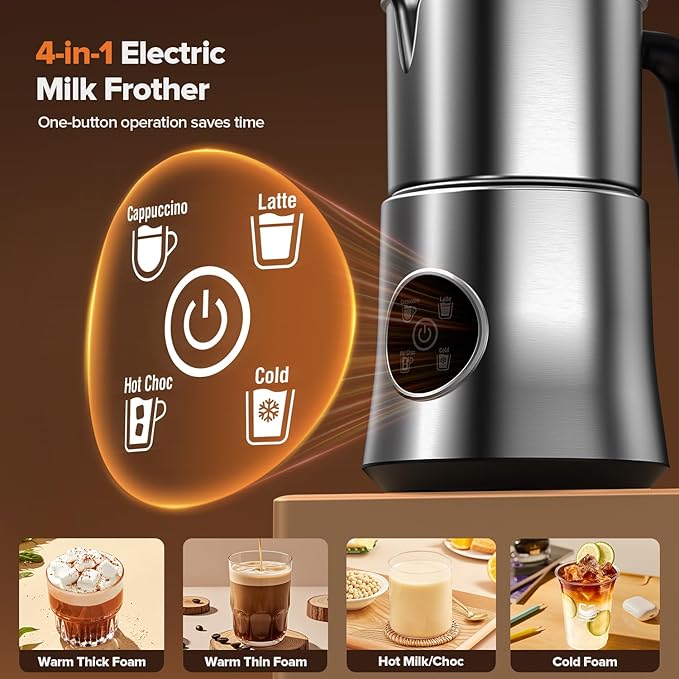 Milk Frother and Steamer, Electric Frother for Coffee with 304 Stainless Steel Jug, One-Click Operation, 17.6oz and Visual Lid