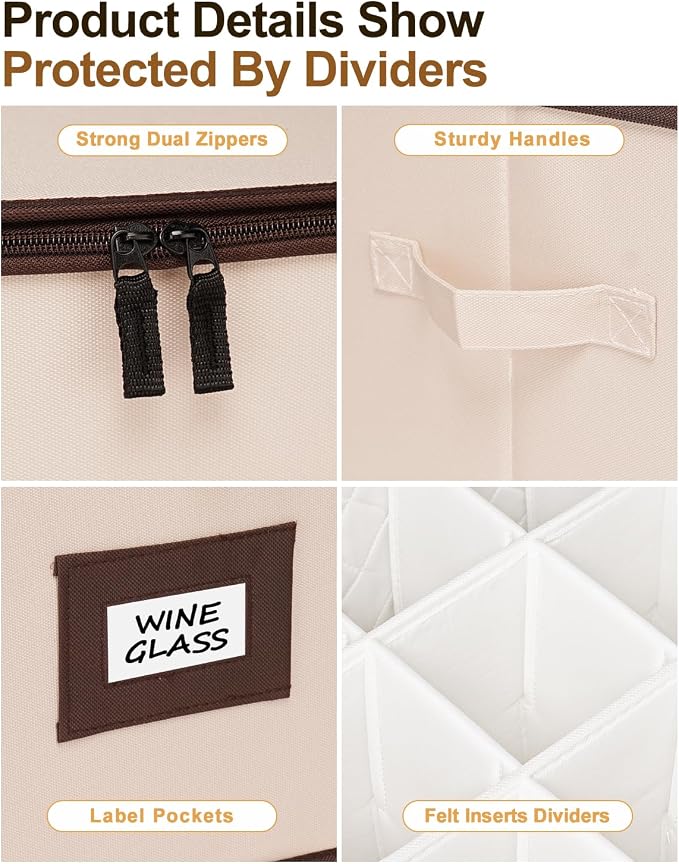 punemi Wine Glass Storage Box, 2-Pack Hard Shell Case with Padded Dividers | Hard shell support with dustproof lid and padded dividers, stackable for wine glasses, stemware and goblets, beige Set of 12 - Image 6
