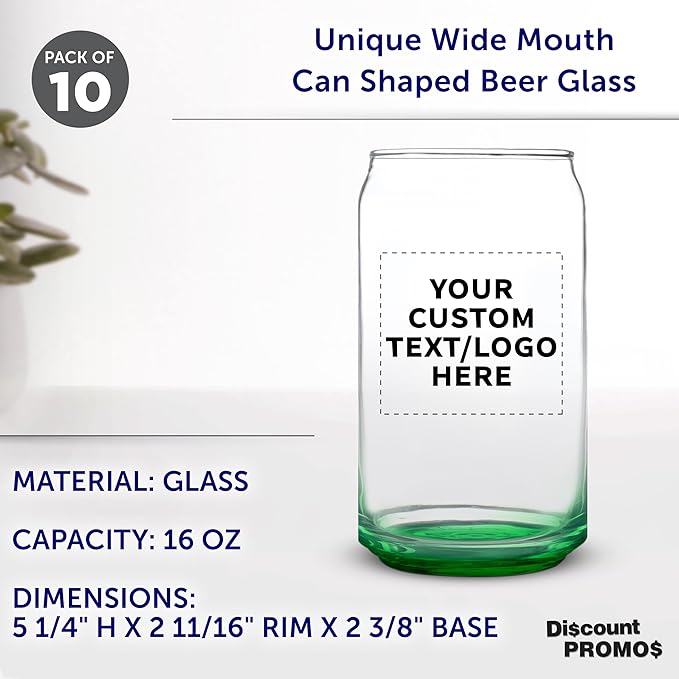 Custom Beer Can Glasses Set of 10, 16 oz. Pint Sized, Promotional Text, Logo, Soda Can Shape, Glassware, Green