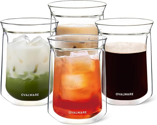 ovalware Double Wall Single Lip Insulated Glass Cup, Set of 4 (12oz / 350ml) - Borosilicate Glass For Coffee, Tea, Whiskey, Cocktails & All Beverages - Minimalistic & Durable Double-Wall Drinking Mug