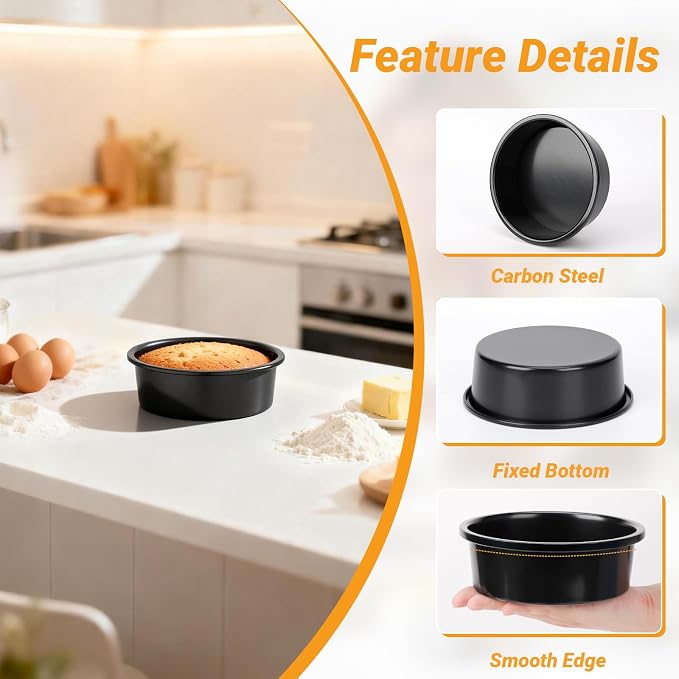 Beasea 6 Inch Cake Pan Set of 3, Heavy Duty Carbon Steel Cheesecake Pan, Nonstick Round Layer Cake Mold Tin for Home Baking Bakeware Oven - Image 3