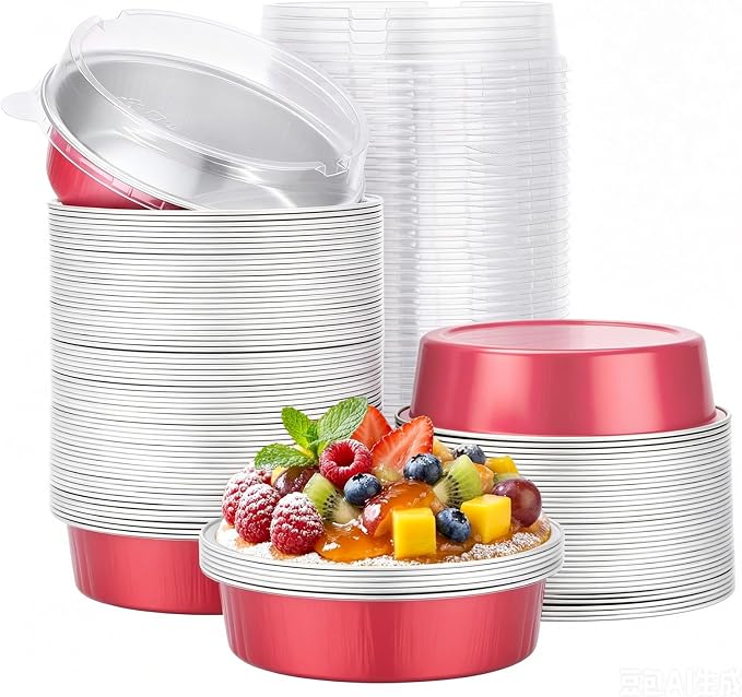 Beasea 100 Pack 7.3oz Mini Pie Pans with Lids, 4" Disposable Aluminum Foil Baking Cups Tins Round Small Tart Pie Pans Container for Individual Dessert Muffin Cheesecake Quiche - Grapefruit Pink by Beasea