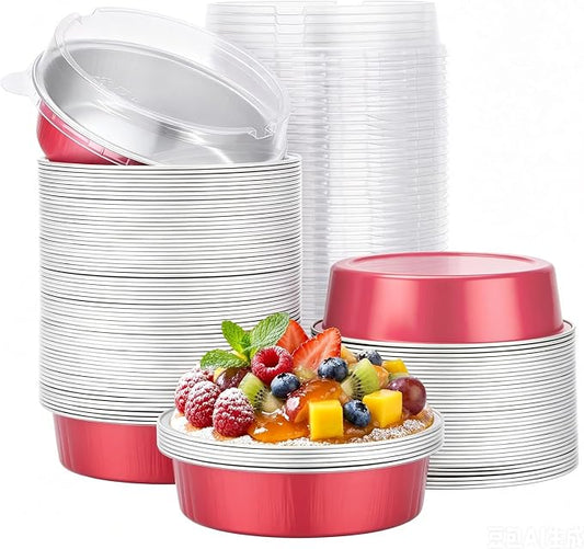 Beasea 100 Pack 7.3oz Mini Pie Pans with Lids, 4" Disposable Aluminum Foil Baking Cups Tins Round Small Tart Pie Pans Container for Individual Dessert Muffin Cheesecake Quiche - Grapefruit Pink by Beasea