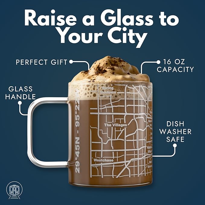 Greenline Goods – Houston, TX Map Glass Coffee Mugs (Set of 2), 16 oz – Etched Wrap Design