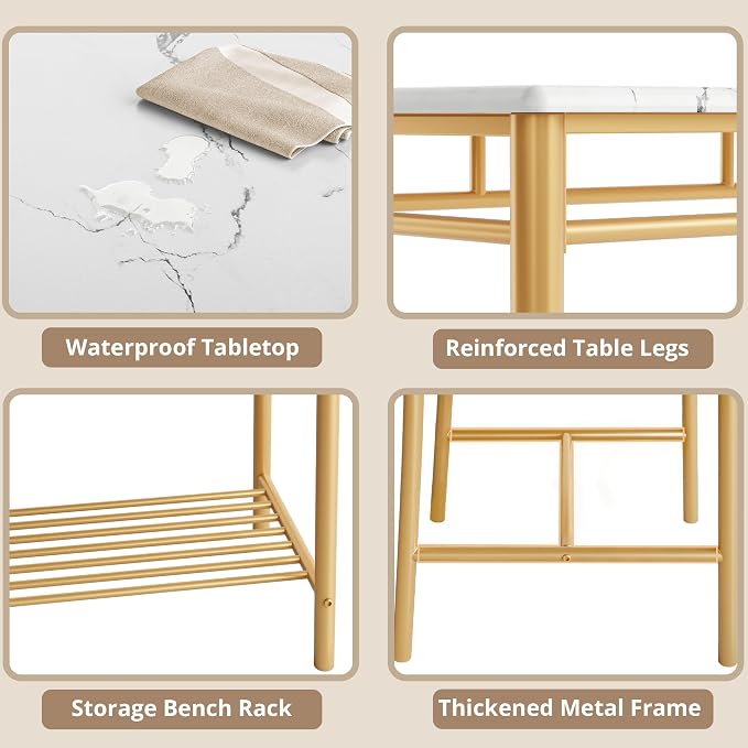 IRONCK Dining Table Set for 4, Kitchen Table and Chairs Set, White & Gold | Kitchen Table with Upholstered Bench and 2 Chairs for Small Space, Apartment - Image 7
