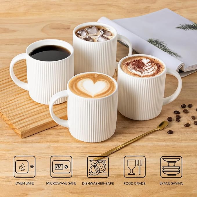 theterra Ceramic Coffee Mugs Set of 4, 14.2 oz Coffee Cups with Handle | Handmade, Suitable for Latte, Tea, Milk, Beer & Hot Cocoa, Bright White - Image 4
