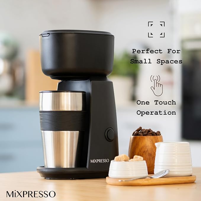 Mixpresso Single Serve & Single Cup Coffee Maker with 14oz Travel Mug Black | For ground coffee only, reusable filter, auto shut off. Compact personal drip coffee maker, not compatible with K-Cup pods. - Image 5