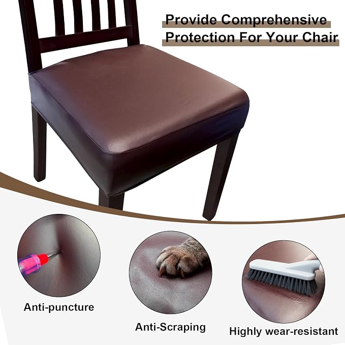 Waterproof Pu Leather Seat Covers for Dining Room Chairs Set of 6,Soft Chairs Seat Slipcovers,Dining Chair Cover Removable Washable Chair Protector Cover Stretch Kitchen Chair Covers - Image 3
