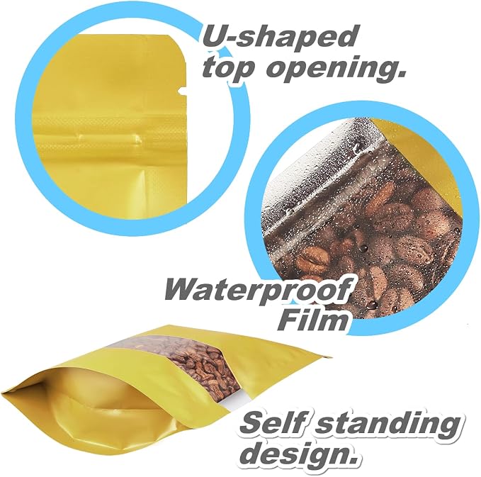 150 Pack Stand up Matte Metallic Storage Bags with Clear Front Window Heat-Sealable Resealable Solid Color Pouches for Food Storage Containers Organizer(Gold,7.9 * 11.8 inch,Pack of 150) - Image 4