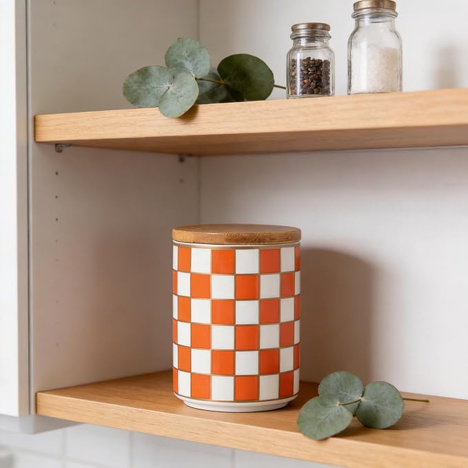 Kitchen Countertop Ceramic Checkered Canisters,Black And White Food Storage Containers With Lid,Airtight Kitchen Canisters for Flour, Sugar, Coffee, Tea, and Dry Goods (Orange, Small) - Image 6