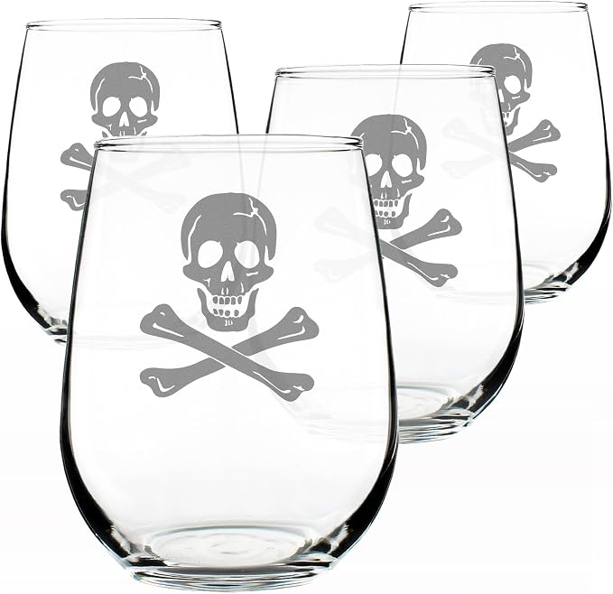Skull and Crossbones Wine Glass Engraved in Colorado - 17 oz - Set of 4 | Bevvee Gift ideas for pirate enthusiast or sailor who loves skull glassware. Wine glass drinkware for home bars and parties by Bevvee