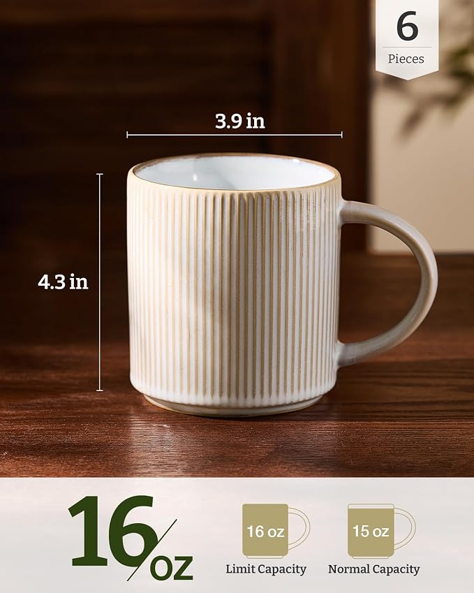 famiware Coffee Mug Set for 6, Star 16 oz Catering Mugs Cup Set with Handle for Coffee, Tea, Cocoa, Milk - Ceramic Stoneware Drinkware Set, Cappuccino White - Image 4