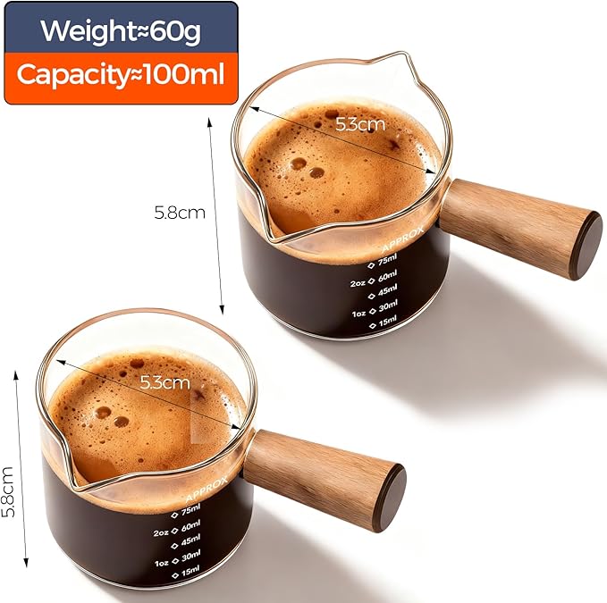 YARRAMATE 3oz Espresso Shots Cup with Wood Handle (2 Pack), Clear Glass Espresso Machine Accessories, Espresso Measuring Cup with Dual Scale, Espresso Shot Glass with Single Spout