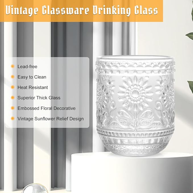 Topsky Clear Vintage Drinking Glass Set of 6,12 oz Embossed Floral Decorative Glassware Set,Glass Cups Wine Glasses Beverages Tumblers Colored Glassware for Whisky,Beer,Juice,Cocktail,Heavy Duty - Image 4