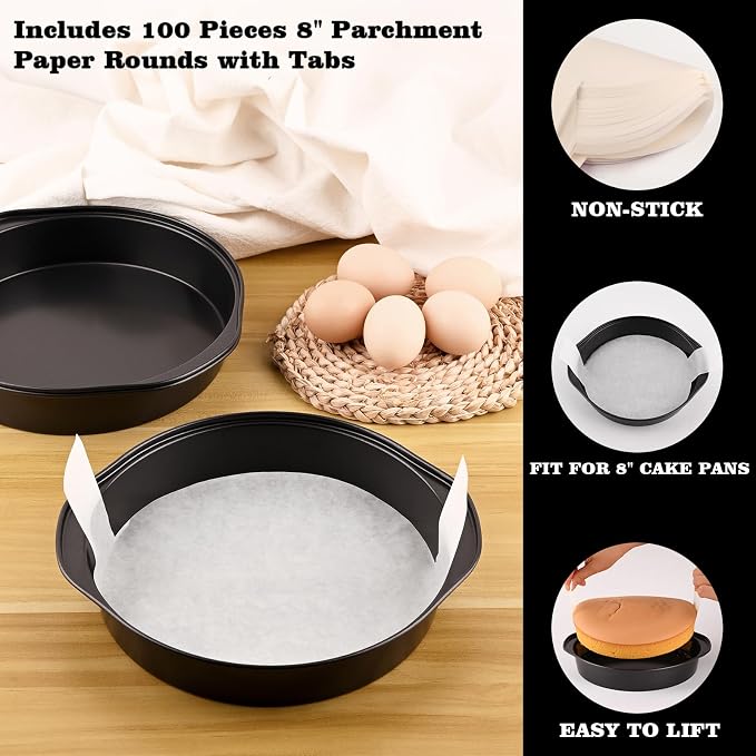 HUAKENER 3 Pcs 8 Inch Round Cake Pans with 100 Pieces Parchment Paper | Carbon Steel Cake Pans, Non-stick Cake Baking Pans with Handle, Dishwasher Safe - Image 5
