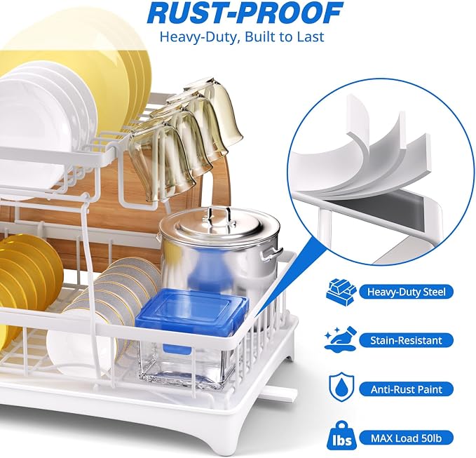 Godboat 2-Tier Dish Drying Rack - Dish Rack with Auto Drain-to-Sink & Mat | Dish Racks for Kitchen Counter, Dish Drainer with Knife Fork & Cup Rack, Gifts for Women, Mothers Day, Kitchen Gadgets, White - Image 4