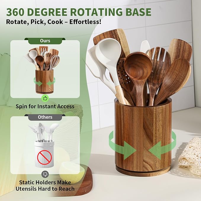 Acacia Wood Utensil Holder, 360° Rotating 7.3 in Kitchen Organizer | Rustic farmhouse countertop decor. Rotating base for easy access to spatulas, spoons, and cooking utensils. 7.3-inch capacity - Image 2