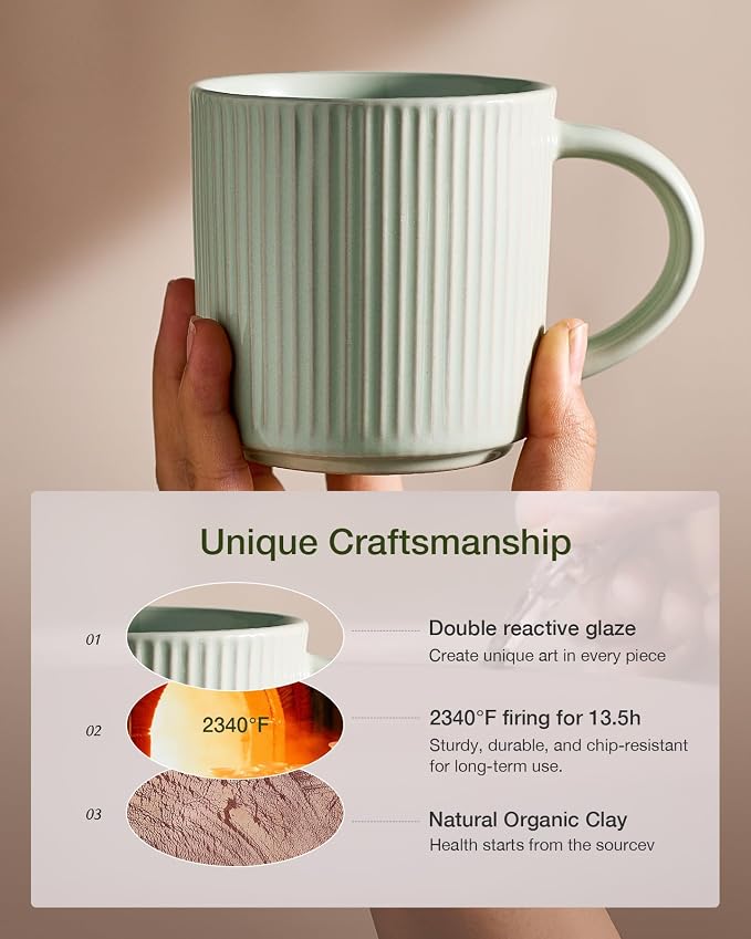 famiware Coffee Mug Set for 6, Star 12 oz Catering Mugs Cup Set with Handle for Coffee, Tea, Cocoa, Milk- Ceramic Stoneware Drinkware Set, Light Green - Image 6