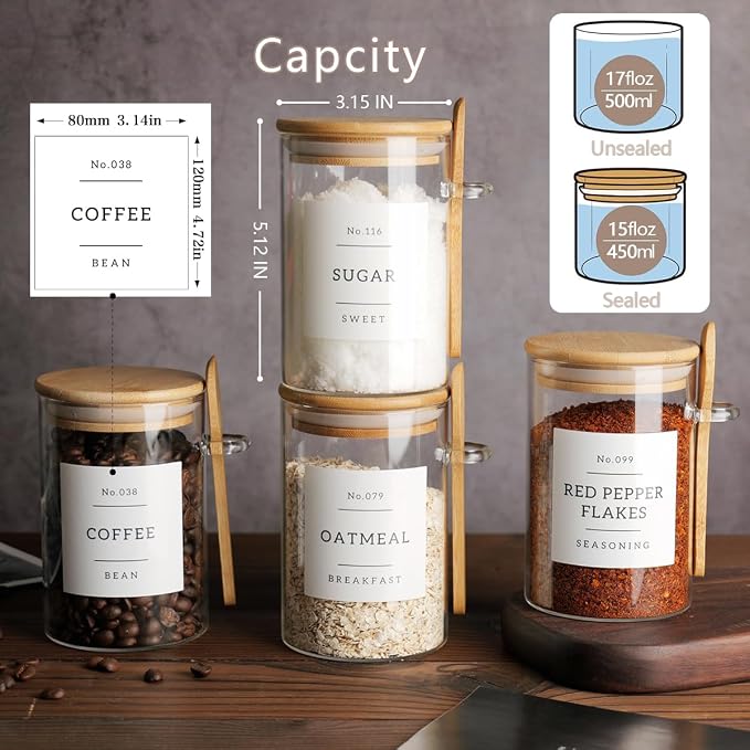 CZZGSM Glass Jar with Bamboo Lid and Spoon - 4 Pcs 17 oz Sugar Container with 132 Food Pantry Labels - Glass Containers with Wooden Lids Hold Coffee, Tea, Candy - Image 4