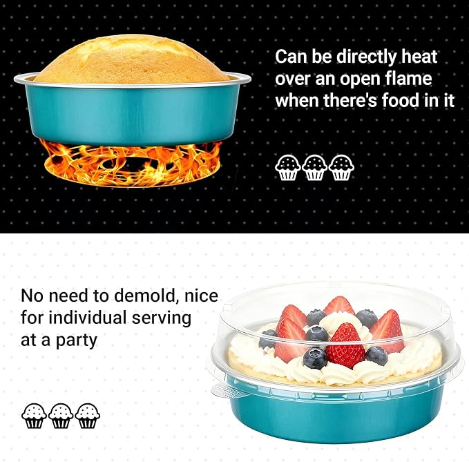 Beasea 4 Inch Mini Pie Tins with Lids, 50 Pack 7.3 Oz Aluminum Foil Baking Cups, 215ml Disposable Mini Tart Tins, Small Round Muffin Container Cheesecake Cups Pie Tart Pans - Blue Green - Image 3