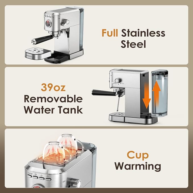 Spacekey Espresso Machine with Milk Frother, 20 Bar Compact Expresso Coffee Machines for Home, Stainless Steel Espresso Maker with 39oz Removable Water Tank for Cappuccino Latte, Fast Heating, Silver - Image 8