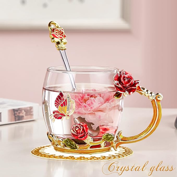 Tea Cup Glass Coffee Enamels Mug Gifts for Mom Women Christmas Birthday | Valentines Day for Her Girlfriend Wife,Mothers Day Gifts from Daughter Son,Heat & Cold Resistant,Shatterproof - Image 4
