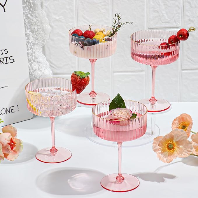 12 PCS Ribbed Coupe Glasses Pink Plastic Champagne Coupe Cup 10oz Detachable Gold Rim Espresso Martini Glass Vintage Margarita Glassware Cocktail Glass for Wedding Bachelorette Party - Image 6