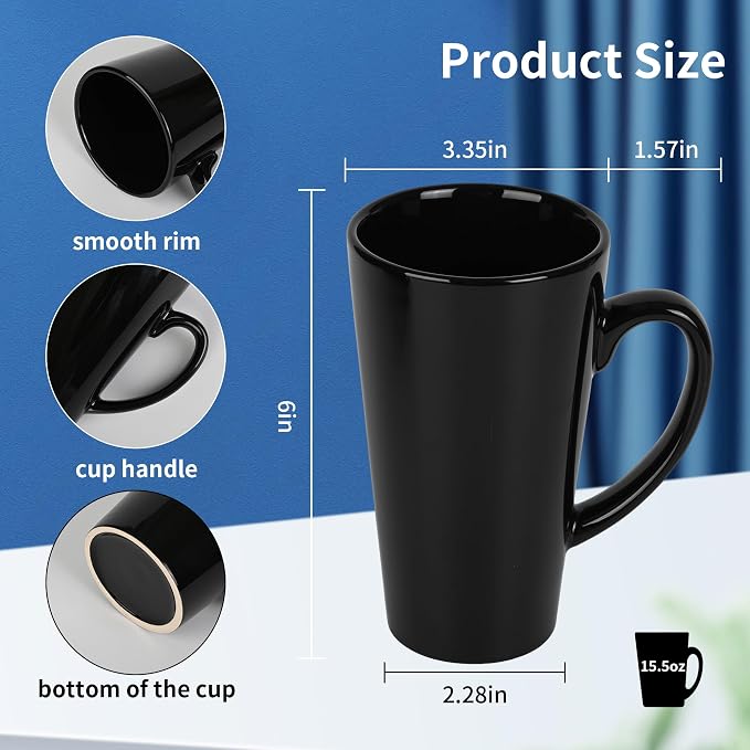 BYCNZB 16oz black Funnel Ceramic Tall Coffee Mugs for Coffee, Tea, Cocoa, Latte, Milk set of 4(Black) - Image 2