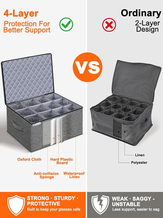 Wine Glass Storage Box for Martini, 5" Wide Cell Hard Shell China Storage Containers with Dividers, Stackable Stemware Storage Holder for Glassware, Margarita, Goblets & Brandy Snifters, Grey - Image 4