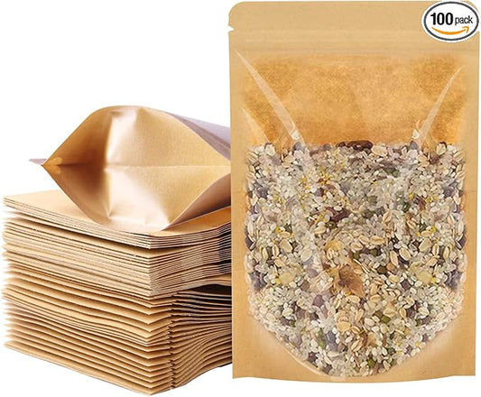 100 PCS Stand Up Pouches, 3.5x5.5inch Kraft Paper Food Bags with Clear Window, Reusable Zipper Food Storage Bags Resealable Pouches for Foods, Coffee Beans, Snacks by SixWeKit