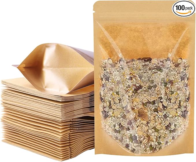100 PCS Stand Up Pouches, 6.3 x 9.4 inch Kraft Paper Food Bags with Clear Window, Reusable Zipper Food Storage Bags Resealable Pouches for Foods, Coffee Beans, Snacks by SixWeKit