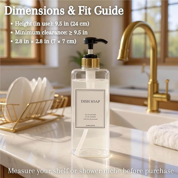 Modern Gold Design Large 27 oz Shampoo and Conditioner Dispensers - Empty Plastic Refillable Pump Bottle Set for Bathroom Shower Soap Dispenser, Includes 6 Waterproof Labels, et of 3 (Clear & Black)