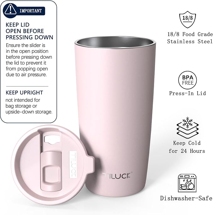 TILUCK 20 oz Insulated Coffee Tumbler with BPA-Free Lid | Travel Coffee Mug, Dishwasher Safe, Cup Holder Friendly, Double-Wall Vacuum Insulation for Hot & Cold Drinks, Matte LightPink - Image 2