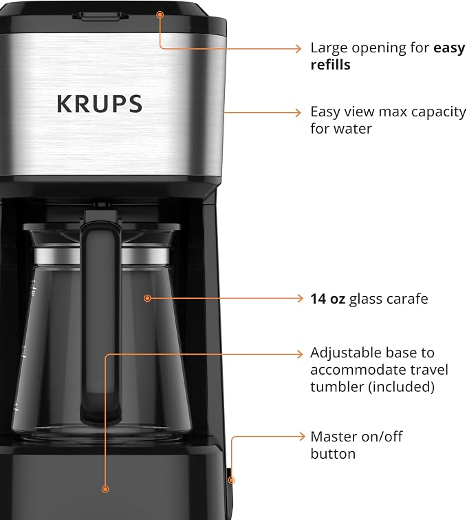 KRUPS Simply Brew Coffee Maker - Multi-Serve 4-in-1 with Stainless Steel Travel Tumbler, Black, 14oz - Image 5