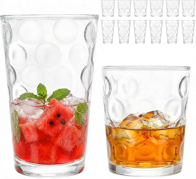 Moretoes Circle Drinking Glasses Set of 12,Clear Water Glass Cups | Mixed Glassware Set,16 Oz Highball Tumblers &12 Oz Rock Whiskey for Cocktail, Whisky and Other Beverages by Moretoes