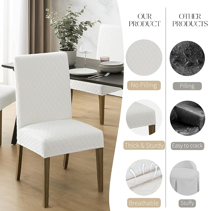 MOSAYT 100% Waterproof Dining Room Chair Covers Set of 6, Super Fit Stretch Jacquard Parson Chairs Slipcovers Removable Washable Chair Seat Protectors for Home, Kitchen, Banquet (White - XL) - Image 4